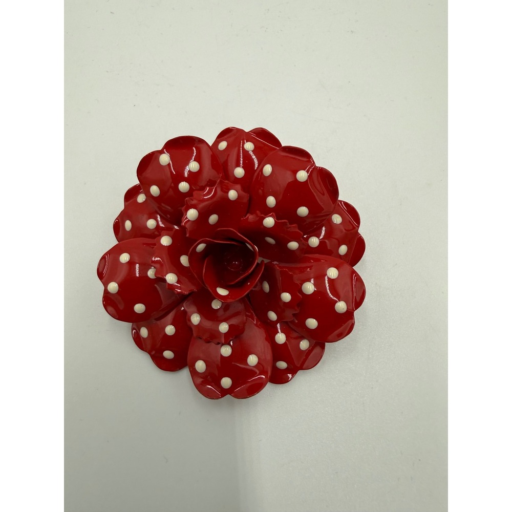 Joan Rivers Red Enamel Polka Dot Flower Brooch Pin Classics Collection Rose 2.5"